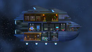 Cross-section of a spaceship, where we see its inhabitants across its various rooms as it drifts across a sea of stars.